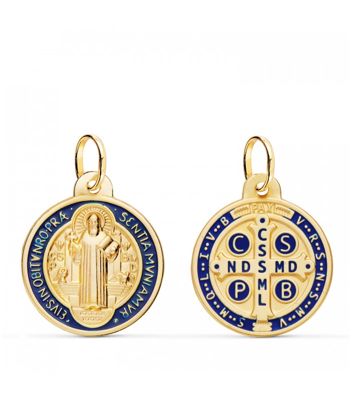 Medalla San Benito Esmalte Azul Oro 18K 20mm - medallas de san benito monje