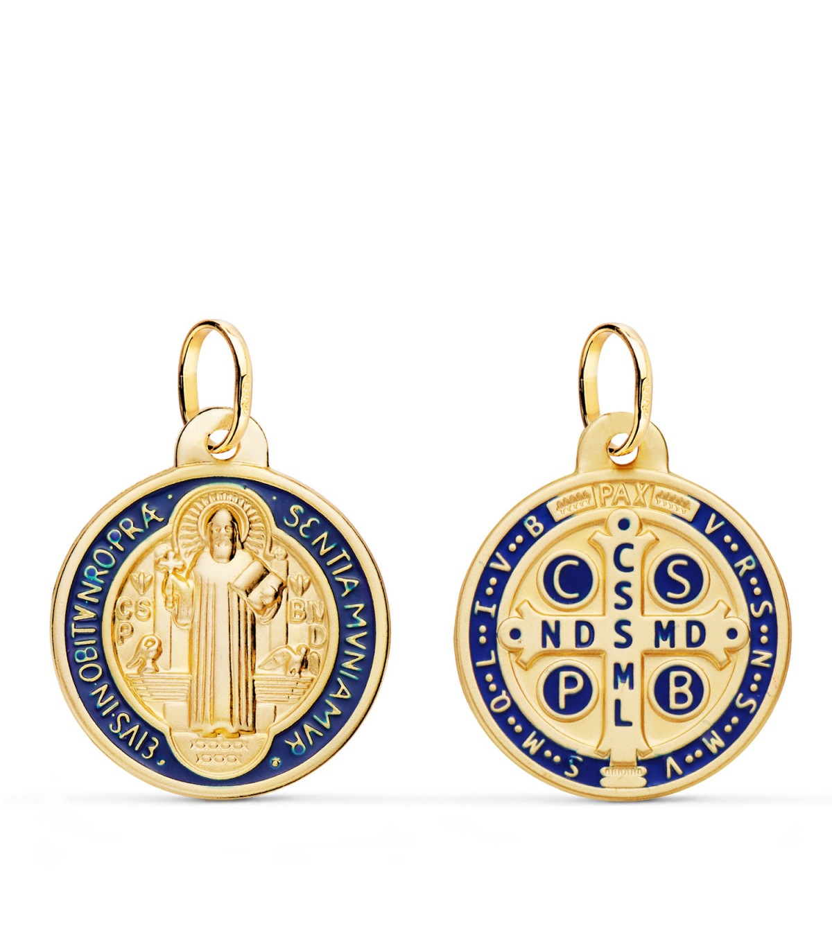 Medaglia San Benedetto smalto blu Oro 18Kt 20mm. (750/1000) Ciondoli e gioielli religiosi.