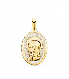 Médaille Nacre Vierge Enfant Ovale Or 18 K 21 mm