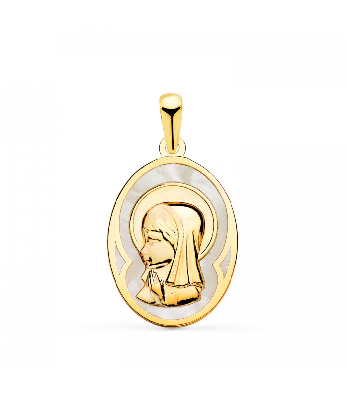 Medalla Nácar Virgen Niña Oval Oro 18 K 21 mm - medallas para comunión - colgante personalizable