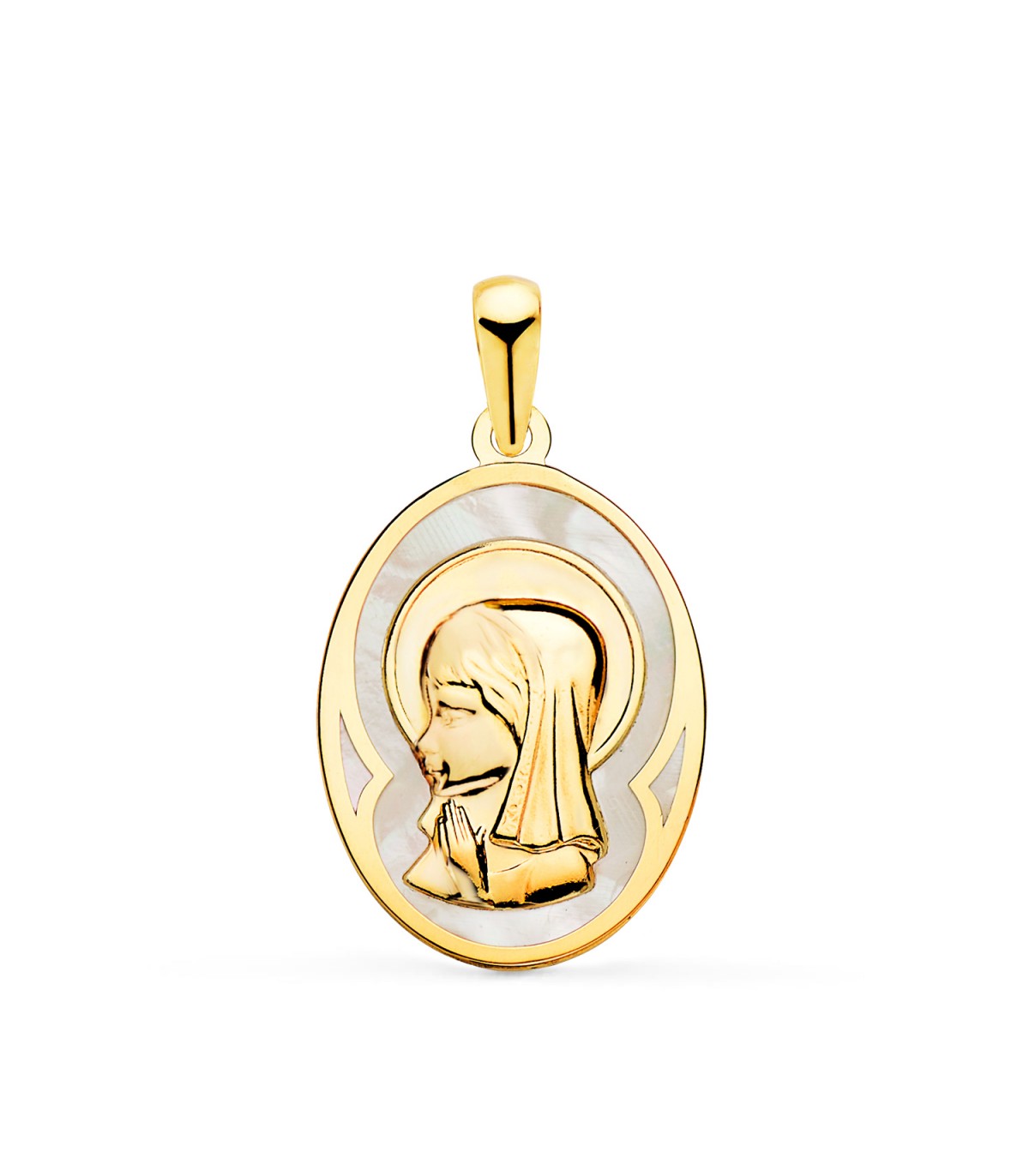 Medalla Nácar Virgen Niña Oval Oro 18 K 21 mm - medallas para comunión - colgante personalizable