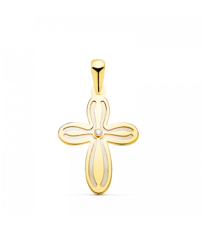 Ciondolo Croce madreperla 20mm Oro giallo 18kt. Croce battessimo, regalo nascita, comunione, cresima.