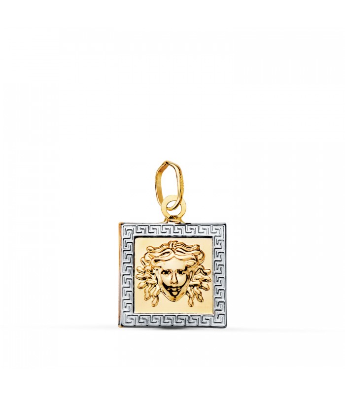 Ciondolo quadrato Medusa Oro bicolore 18kt con Greca. Ciondoli da donna, regalo unico, gioielli online.