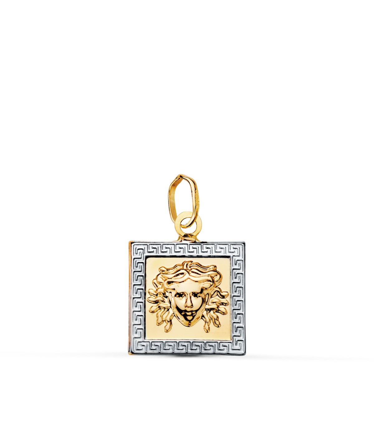 Ciondolo quadrato Medusa Oro bicolore 18kt con Greca. Ciondoli da donna, regalo unico, gioielli online.