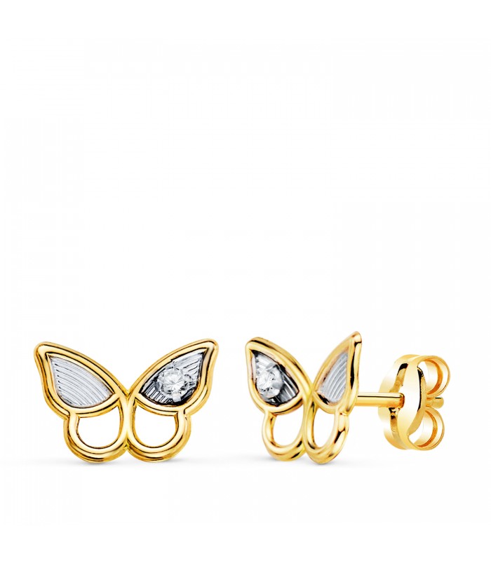 Pendientes Jackie Mariposa Oro Bicolor 18K. Pendientes oro mujer y niñas - 750/1000 - pendientes pequeños.