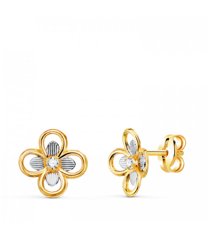 Ohrringe Jackie Flor 18 Karat zweifarbiges Gold. Goldohrringe für Damen und Mädchen – 750/1000 – kleine Ohrringe.