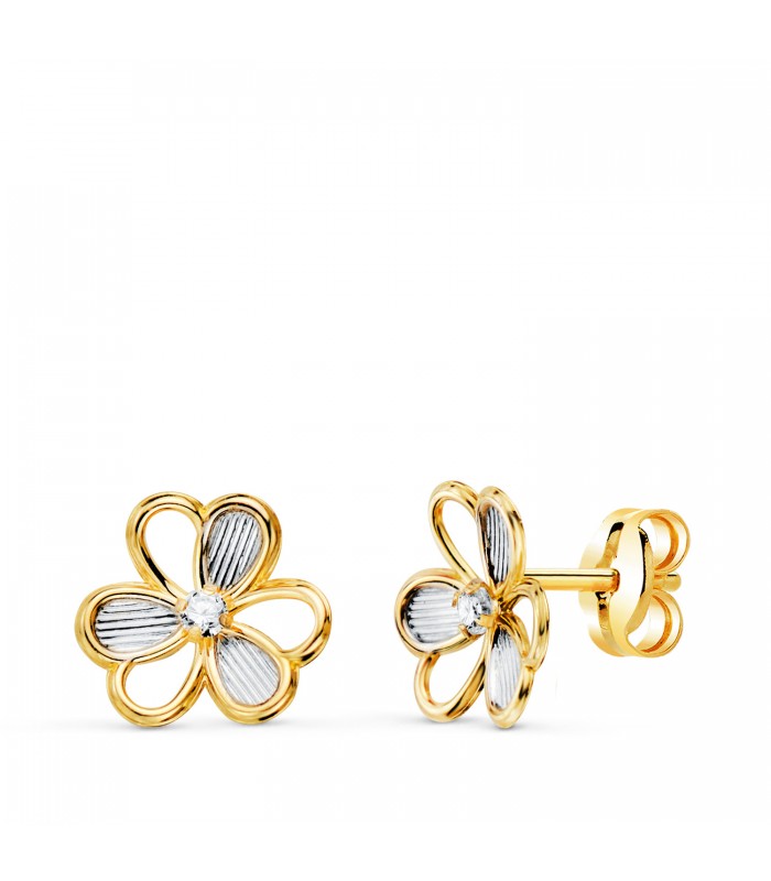 Pendientes Jackie Trébol Oro Bicolor 18K. Pendientes oro mujer y niñas - 750/1000 - pendientes pequeños.