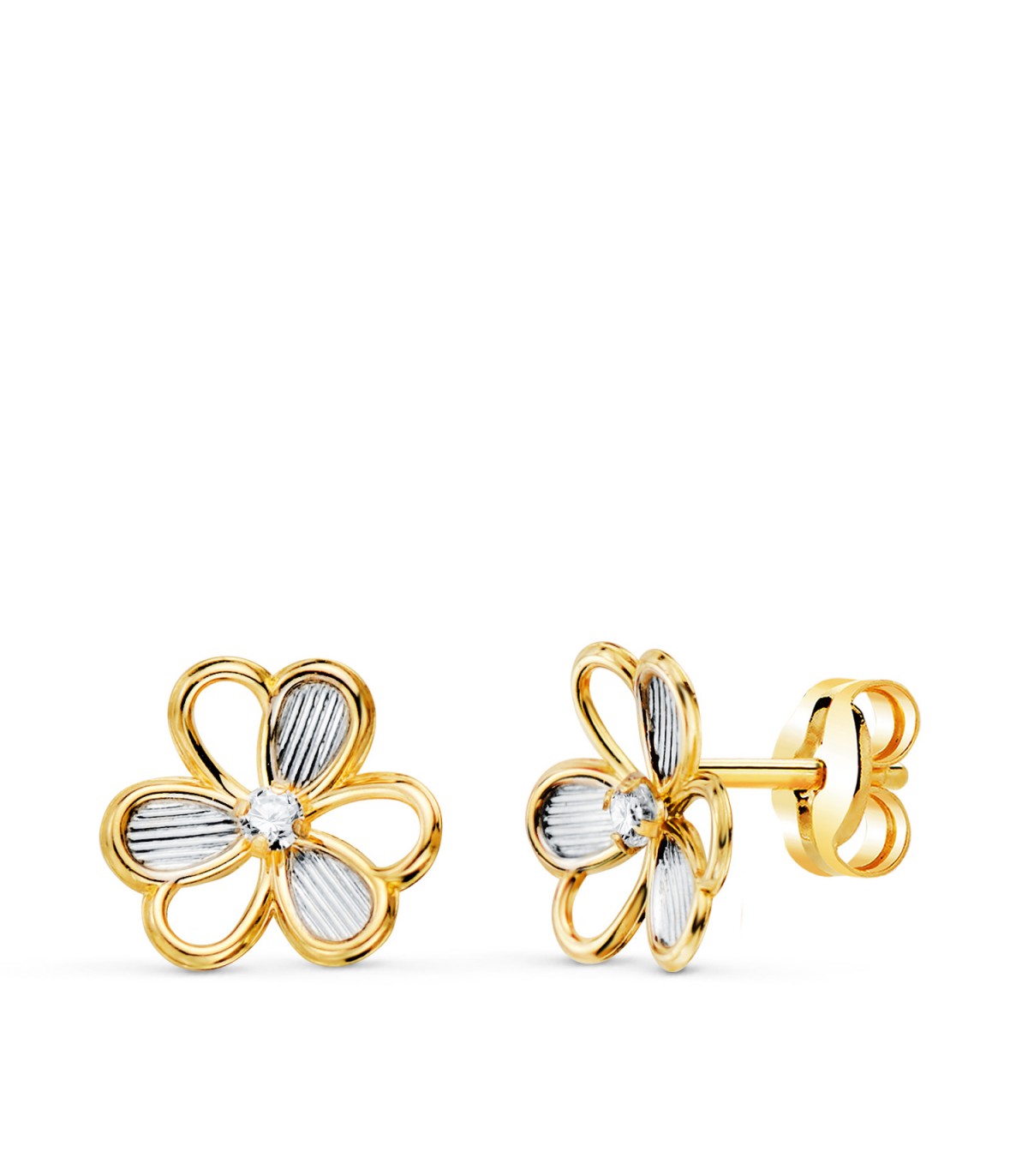 Pendientes Jackie Trébol Oro Bicolor 18K. Pendientes oro mujer y niñas - 750/1000 - pendientes pequeños.