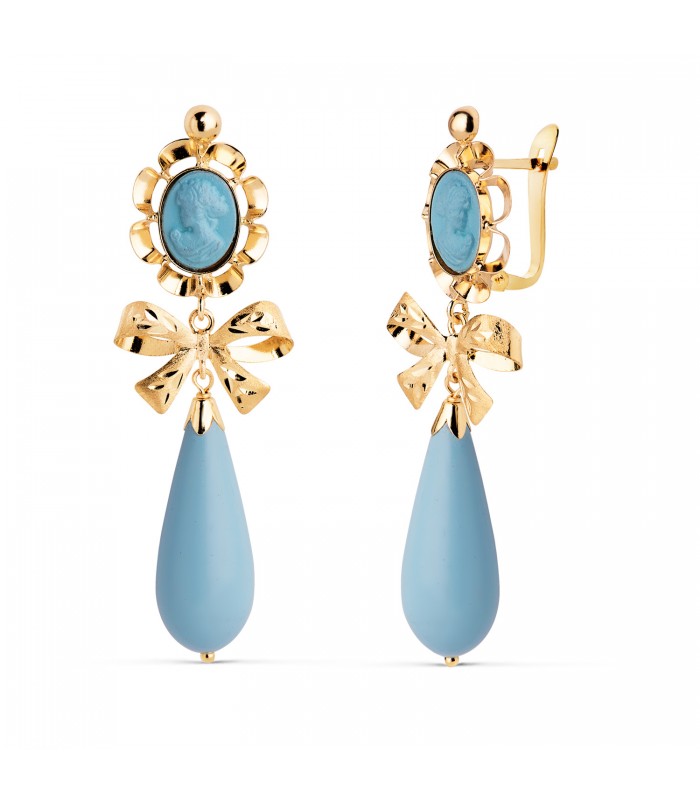 Boucles d'oreilles or jaune 18k pendantes turquoise