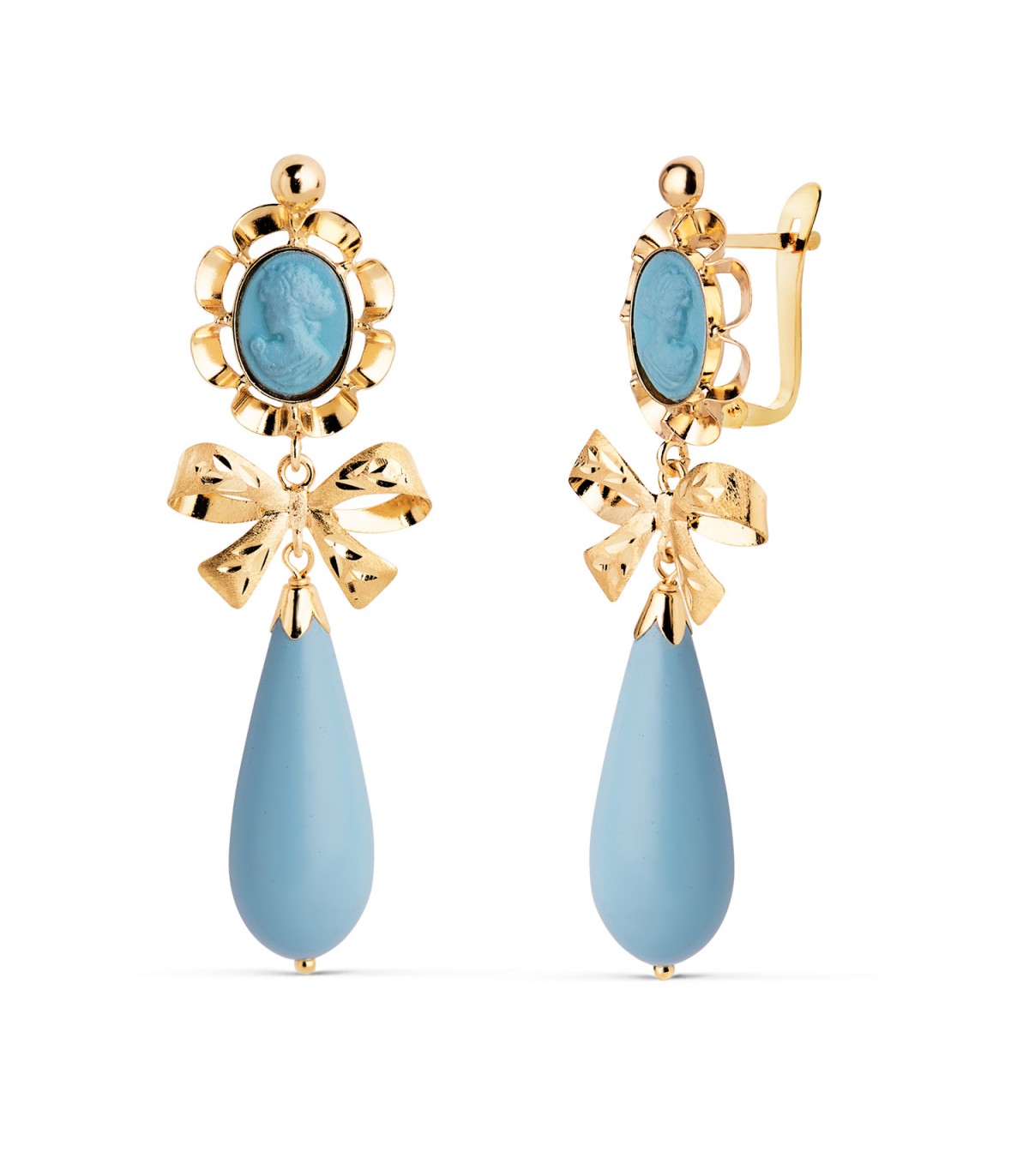 Boucles d'oreilles or jaune 18k pendantes turquoise