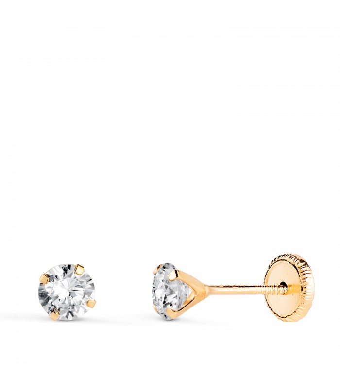 Pendientes de garra Madrid 4 mm Oro amarillo 18 Kt. Dormilonas bebé circonitas 4 garras. Cierre rosca.
