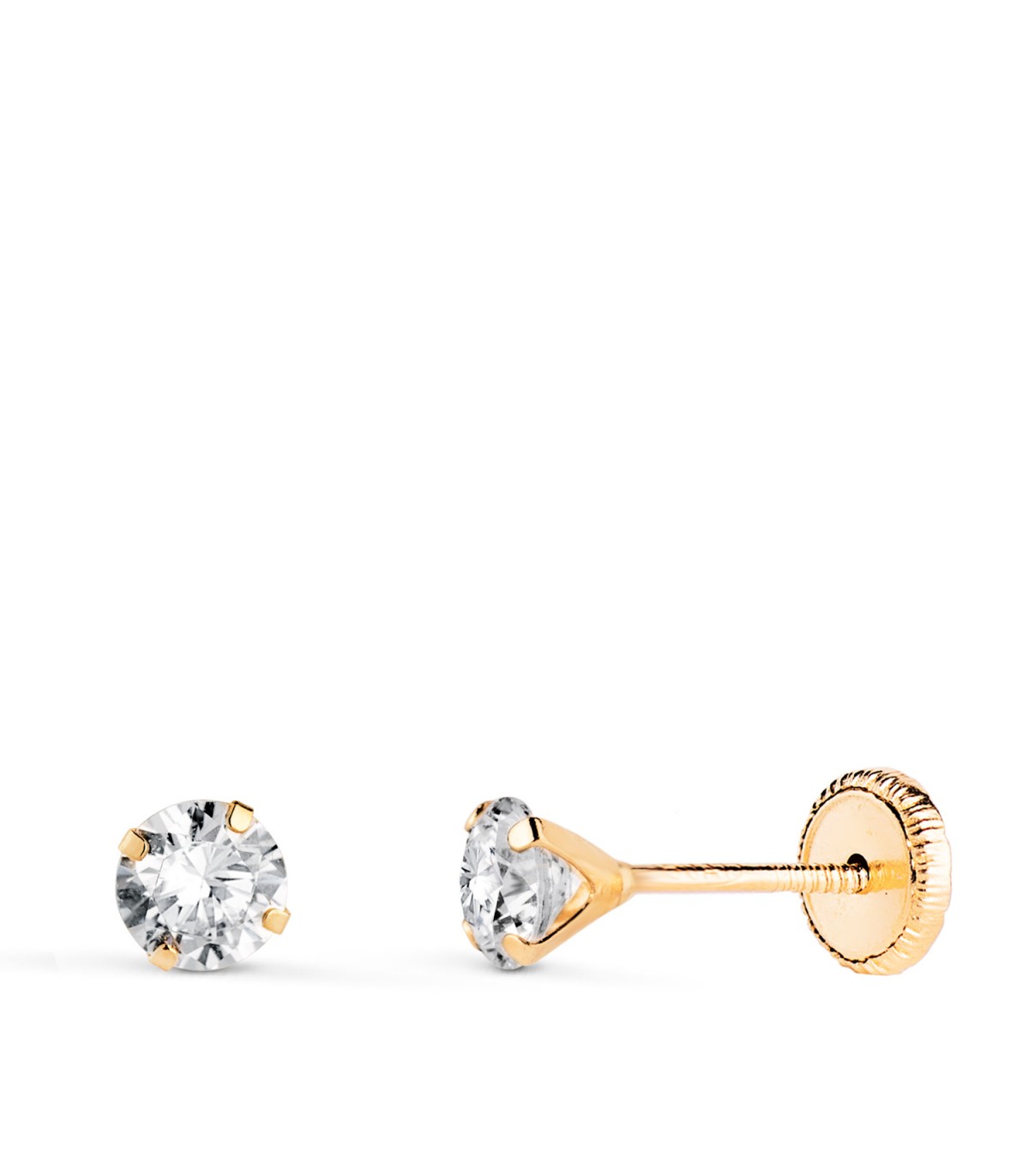 Pendientes de garra Madrid 4 mm Oro amarillo 18 Kt. Dormilonas bebé circonitas 4 garras. Cierre rosca.
