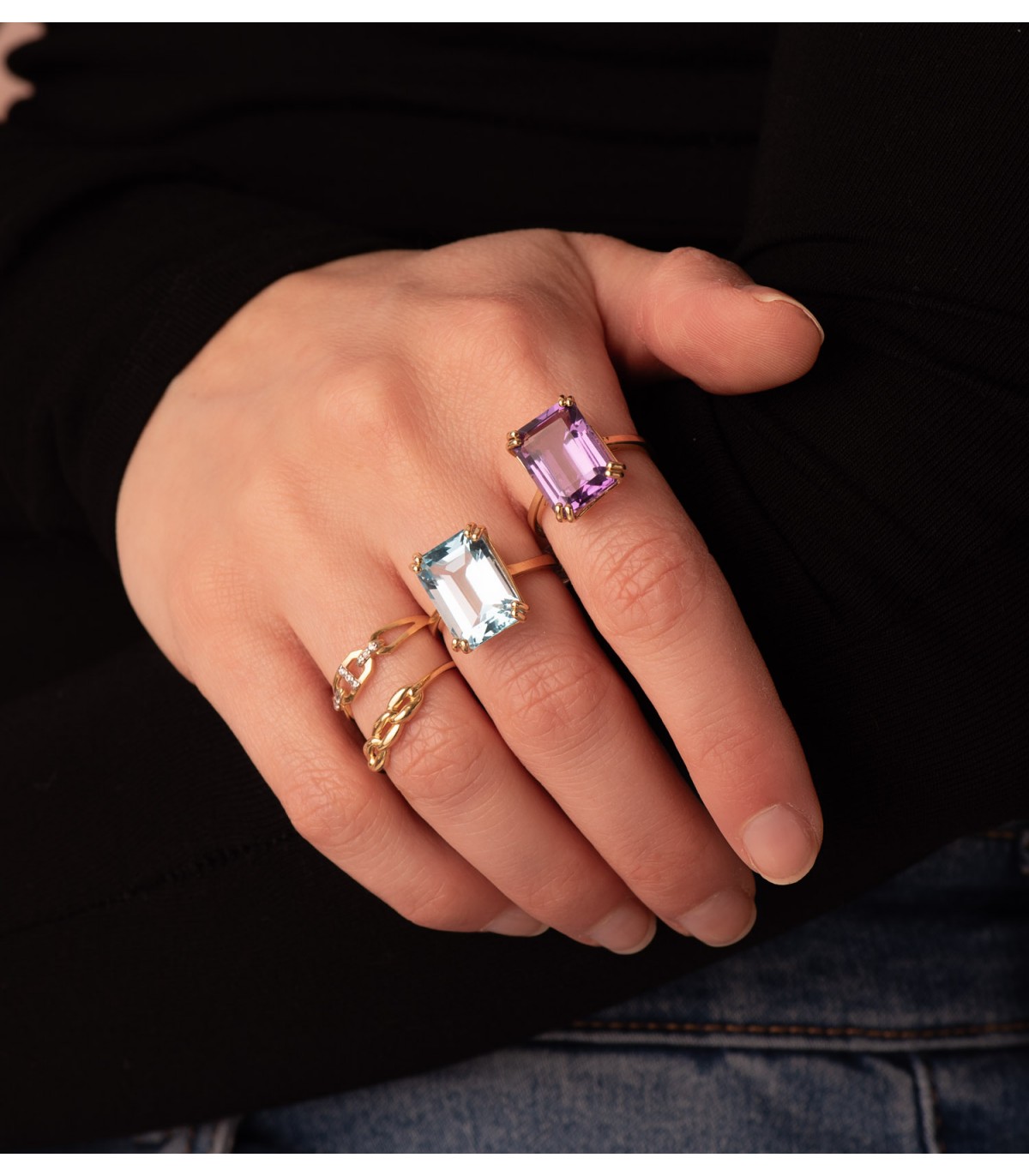 Bague améthyste Vancouver Or Jaune 18K. Bagues pour femmes, pierre semi-précieuse topaze bleue.