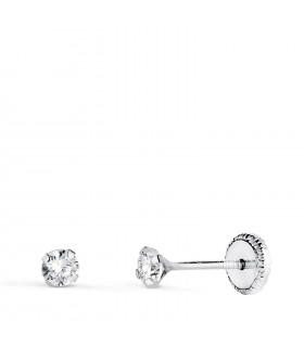 Pendientes de garra Madrid 3 mm Oro blanco 18 Kt. Dormilonas bebé circonitas 4 garras. Cierre rosca.