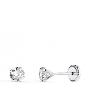 Pendientes de garra Madrid 4 mm Oro blanco 18 Kt. Dormilonas bebé circonitas 4 garras. Cierre rosca.