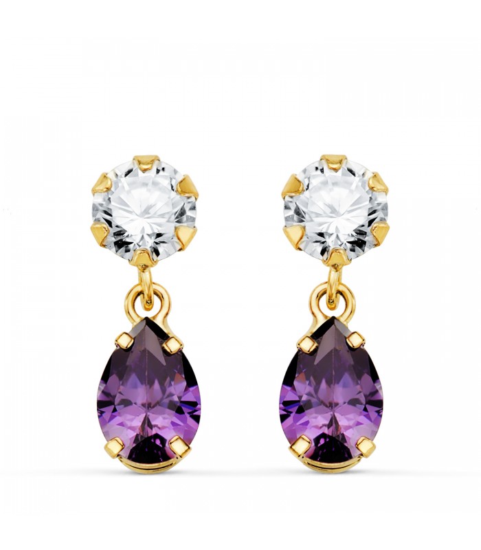Boucles d'oreilles femme Valencia Or 18K améthyste. Boucles d'oreilles pendantes, pierres couleurs.