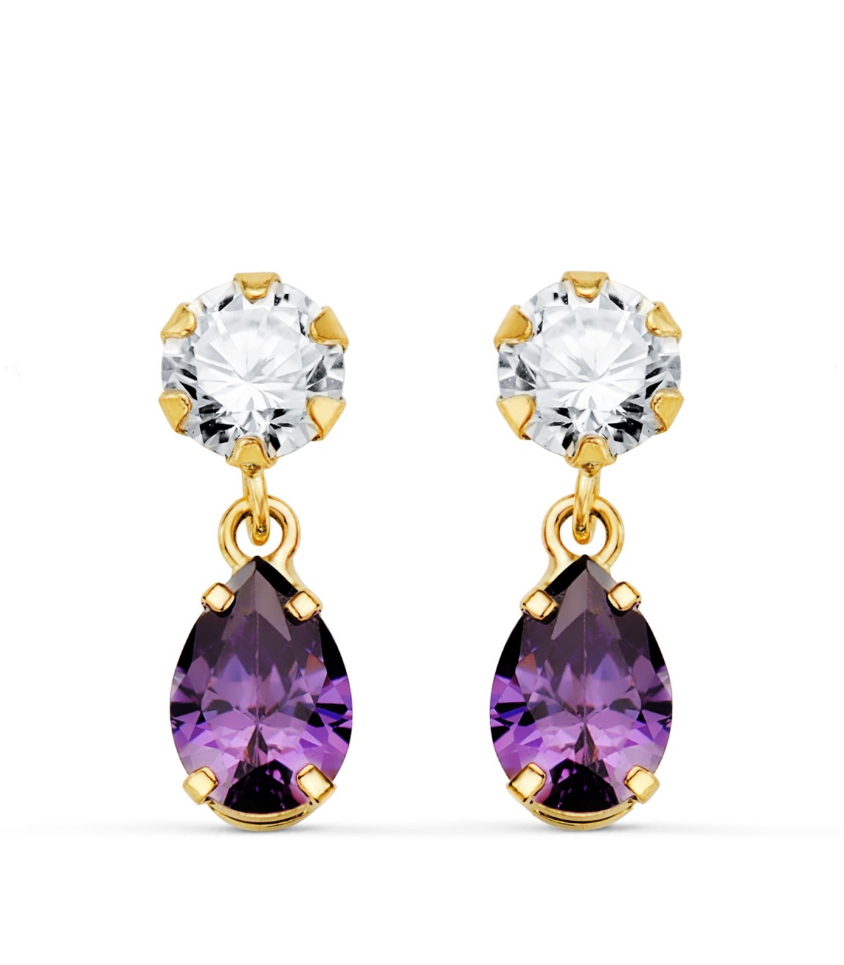 Boucles d'oreilles femme Valencia Or 18K améthyste. Boucles d'oreilles pendantes, pierres couleurs.