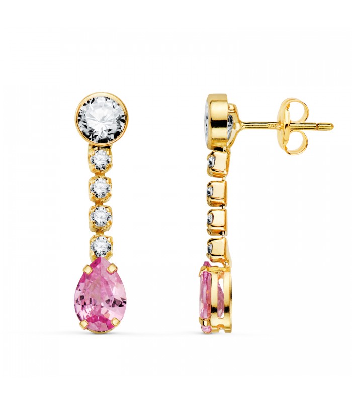 Orecchini da sposa Symphonia in oro giallo 18kt pietra rosa morganite, orecchini lunghi con zirconi per donna.