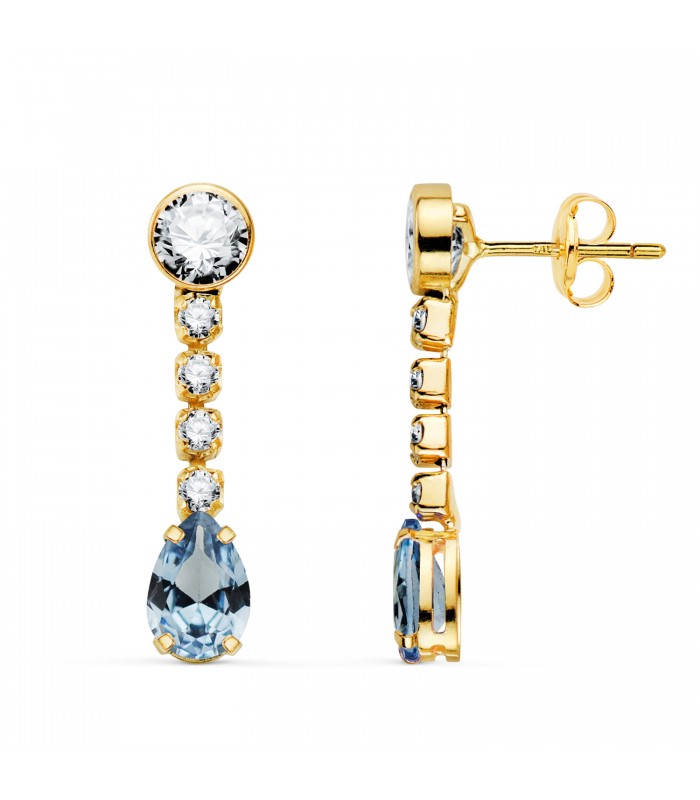 Orecchini da sposa Symphonia in oro giallo 18kt pietra azzurro acquamarina, orecchini lunghi con zirconi per donna.