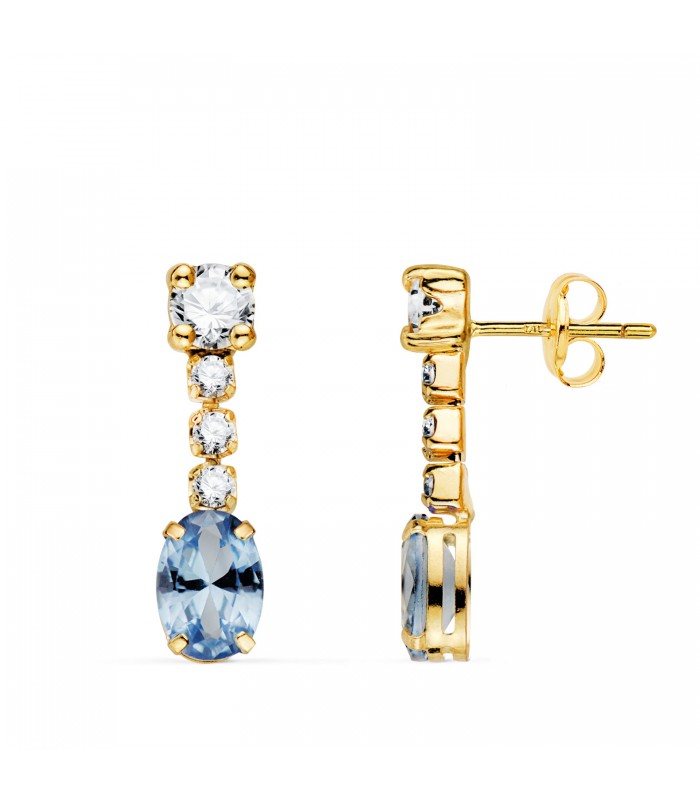 Pendientes Novia oro amarillo 18K Lullaby, piedra aguamarina. Pendientes largos de fiesta y eventos para mujer.