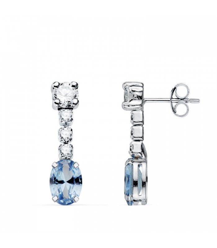 Pendientes Novia oro blanco 18K Lullaby, piedra aguamarina. Pendientes largos de fiesta y eventos para mujer.