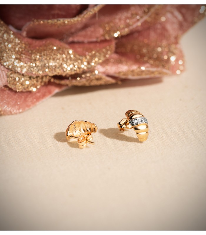 Boucles d'oreilles Croissant Or bicolore 18K. Bijoux d'oreilles modernes pour femme.