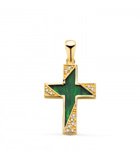 Ciondolo Croce Malachite Oro giallo 18kt, croci per bambini, comunione o donna.