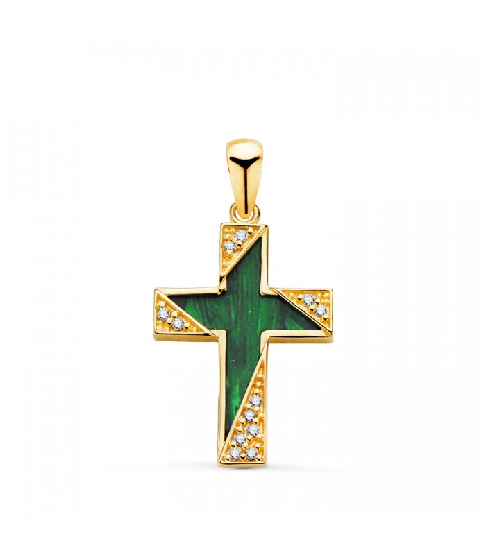 Pendentif Croix Malachite Or Jaune 18K, croix pour confirmation, enfants ou femmes.