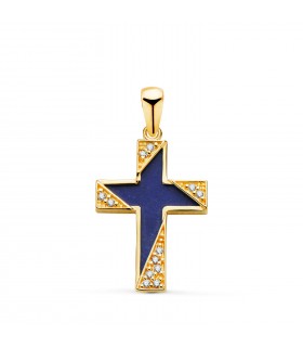Ciondolo Croce Lapislazzuli Oro giallo 18kt, croci per bambini, comunione o donna.