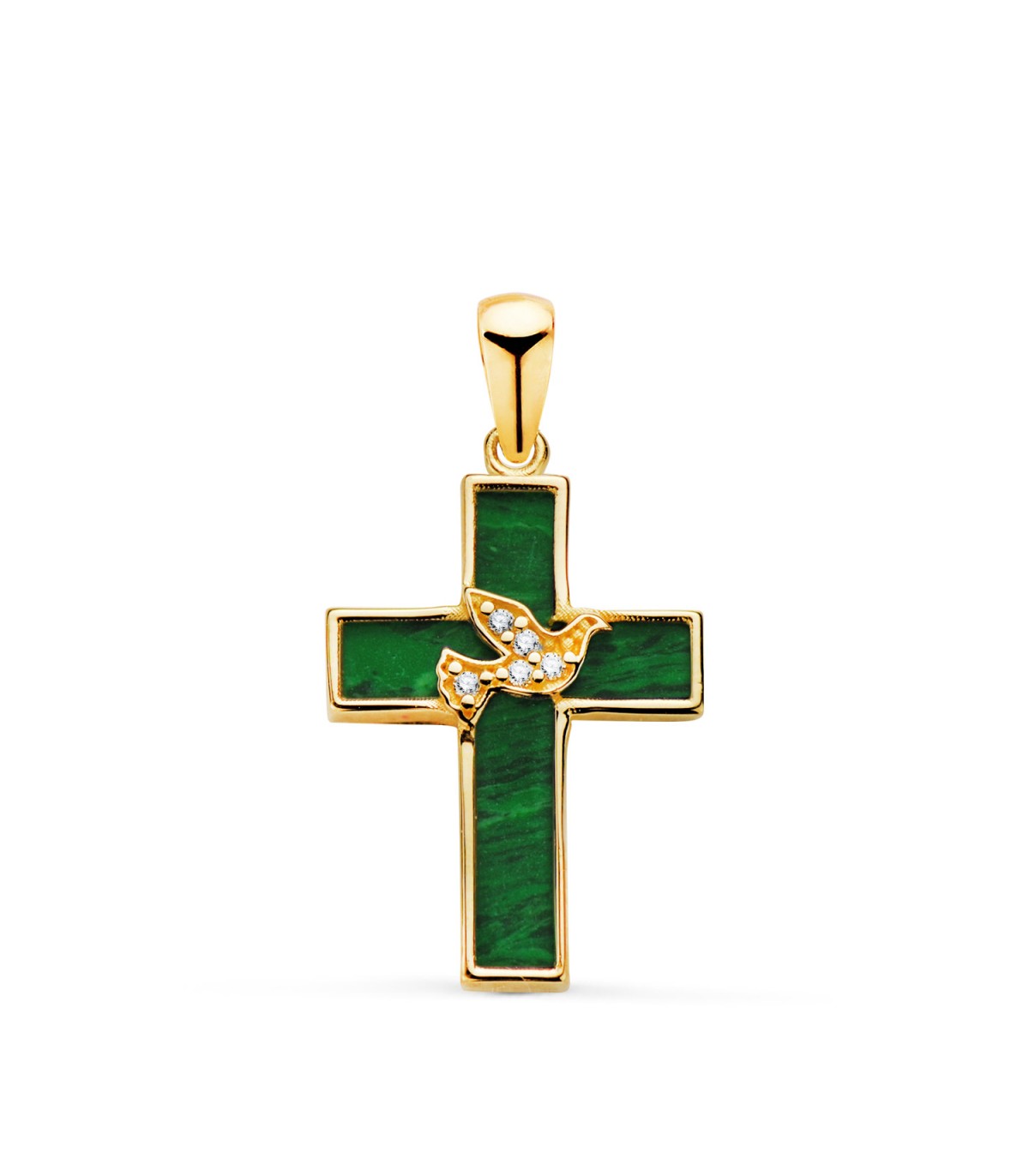 Colgante Cruz Paloma Malaquita Oro Amarillo 18K, cruces de comunión para niña o niño, colgante de mujer de moda.