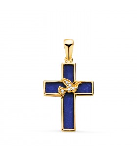 Colgante Cruz Paloma Lapislázuli Oro 18K, cruces de comunión para niña o niño, colgante de mujer de moda.