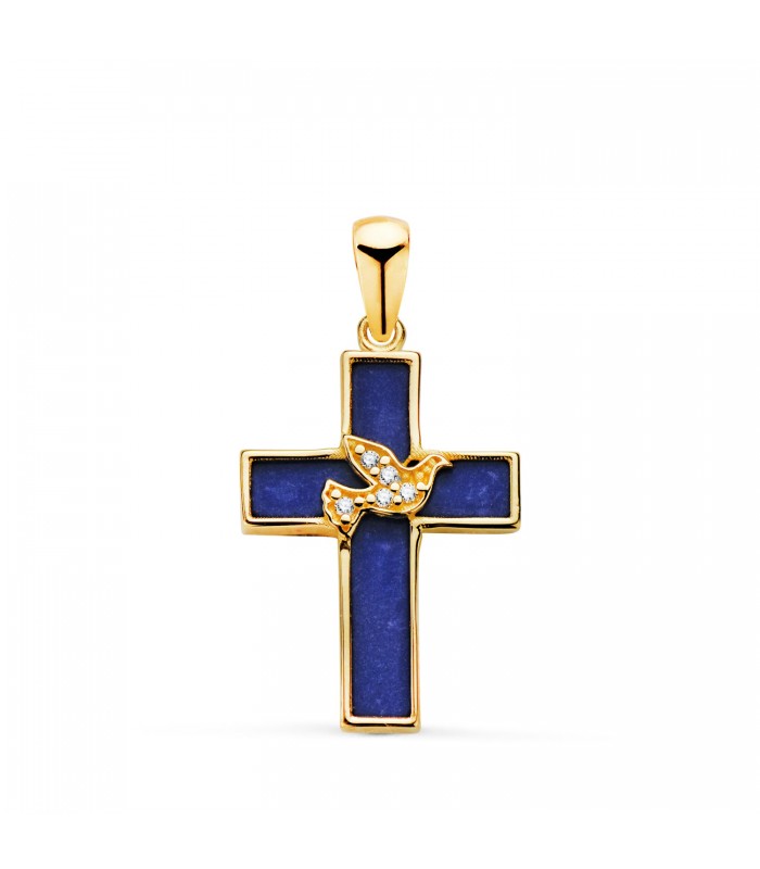 Colgante Cruz Paloma Lapislázuli Oro 18K, cruces de comunión para niña o niño, colgante de mujer de moda.