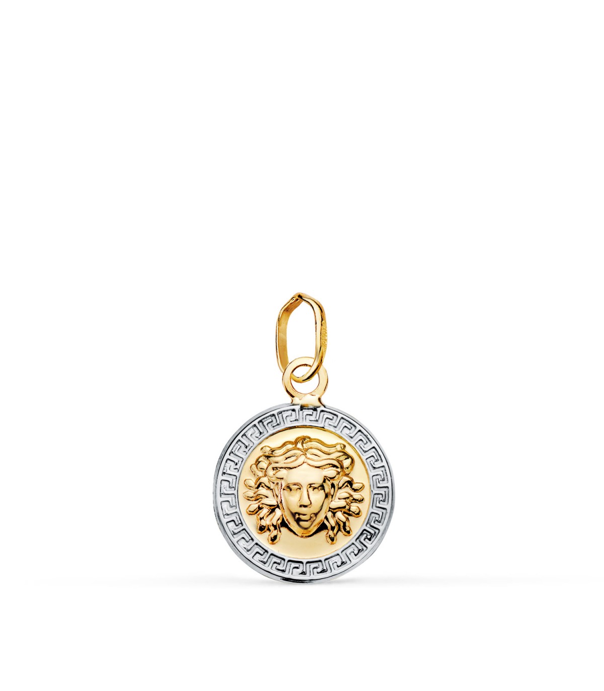Pendentif or 18K Méduse bicolore 12 mm avec grecques. Pendentifs femmes, bijoux online.