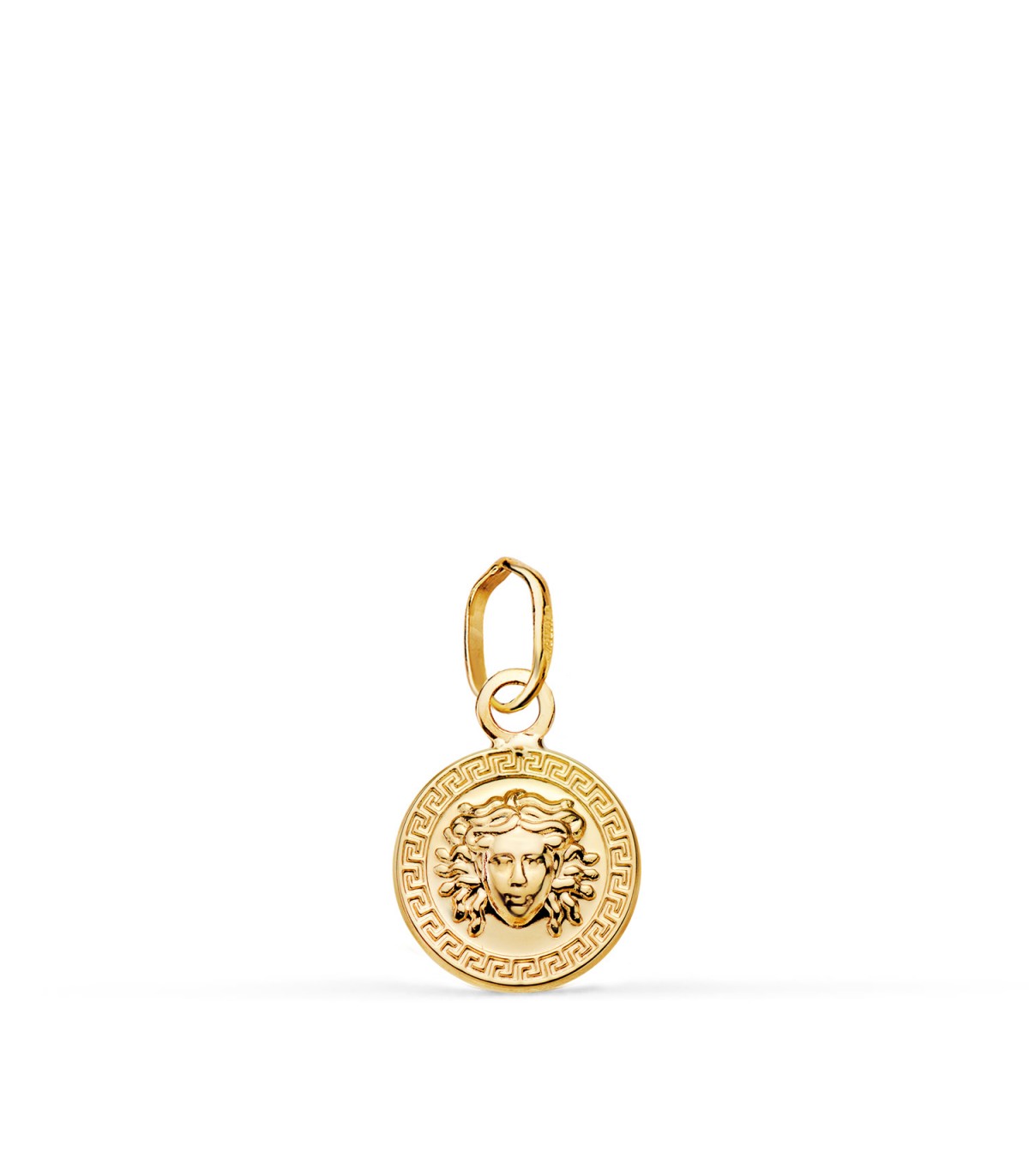 Ciondolo in oro 18 k Medusa 10 mm con Greca. Ciondoli da donna, regalo unico, gioielli online.