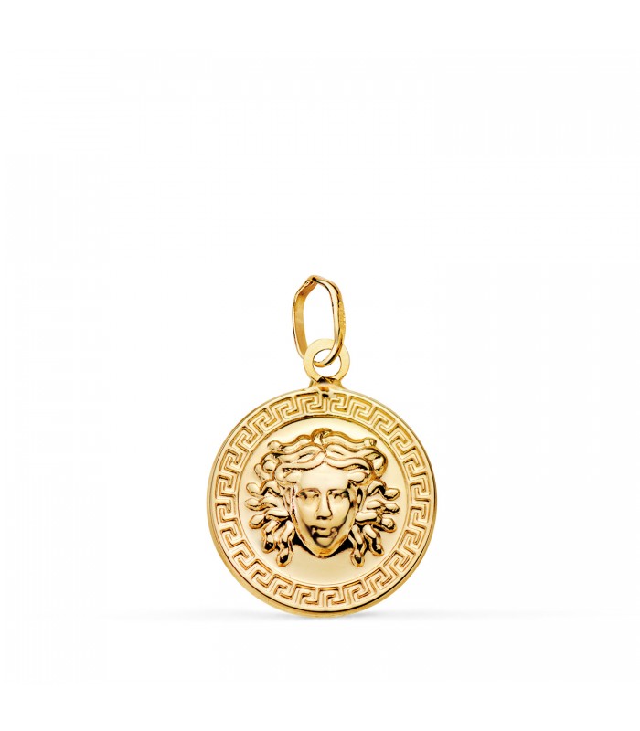 Ciondolo in oro 18 k Medusa 15 mm con Greca. Ciondoli da donna, regalo unico, gioielli online.