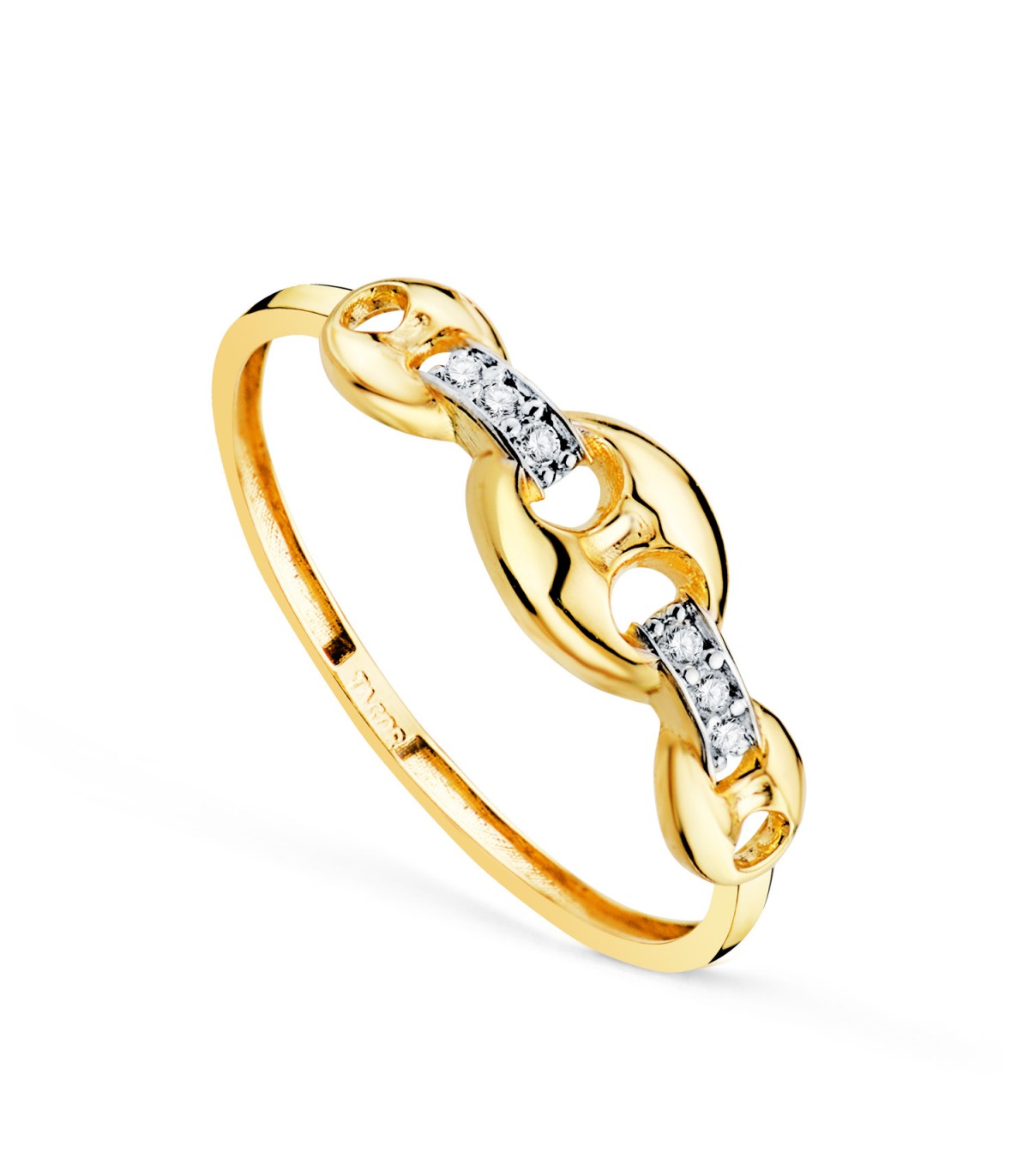 Anillo de oro Grano de café bicolor 18 K, sortija ancha con diseño de nudo marinero.