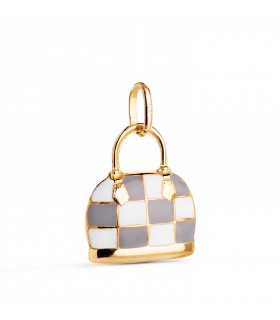 Pendentif charm Luxury sac carreaux gris Or 18K, émail couleurs.