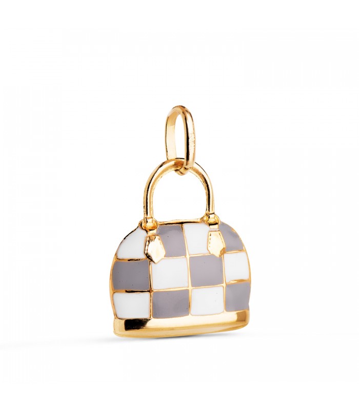 Pendentif charm Luxury sac carreaux gris Or 18K, émail couleurs.