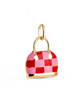 Pendentif charm Luxury sac carreaux noire Or 18K, émail couleurs rouge et rose.
