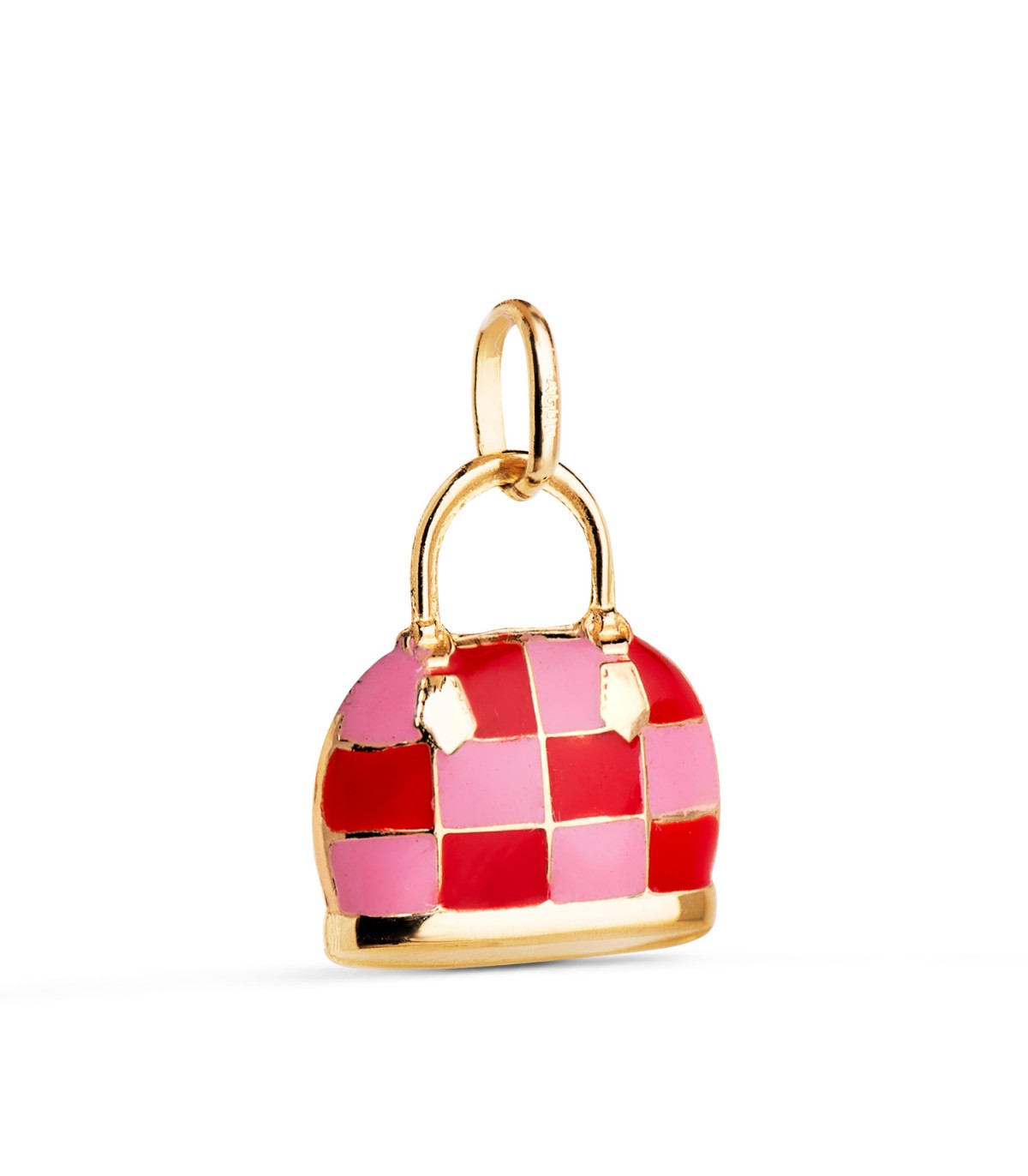 Ciondolo charm Luxury borsetta quadri nero oro 18kt. Smalto di colore rosso e rosa.