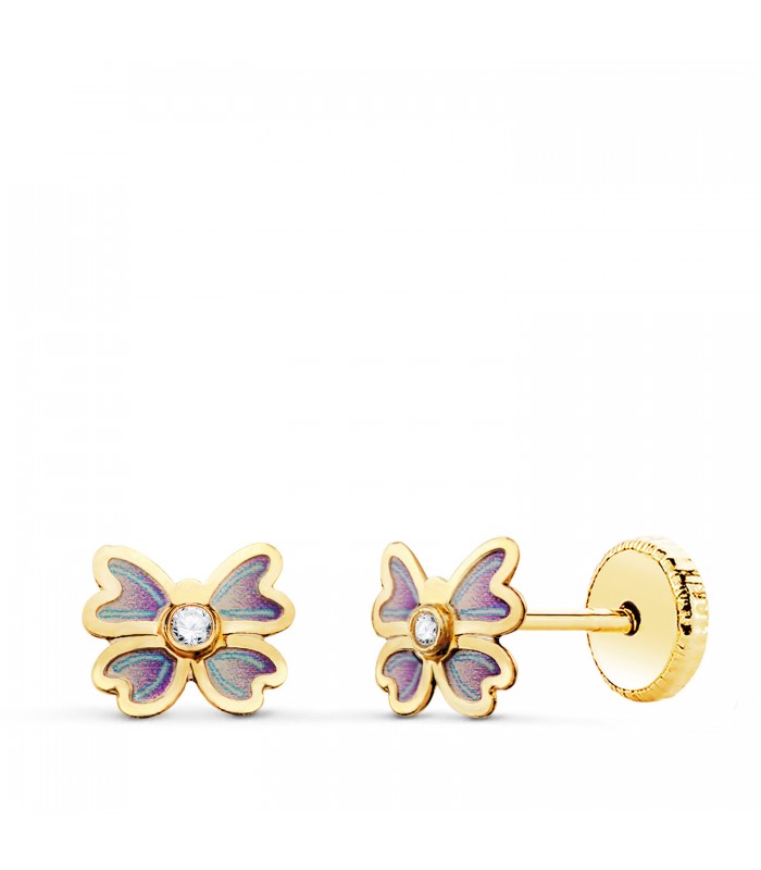 Orecchini bambina Betty farfalla Oro 18Kt, colore azzurro e lilla, chiusura a perno.