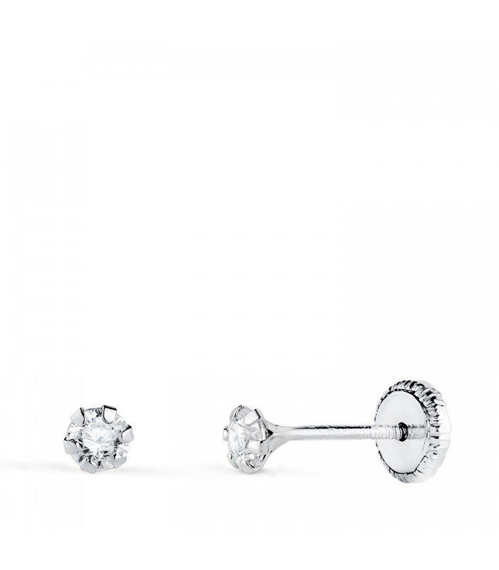 Pendientes garras Montecarlo 3mm Oro blanco. Dormilonas bebé circonitas 6 garras. Cierre rosca.