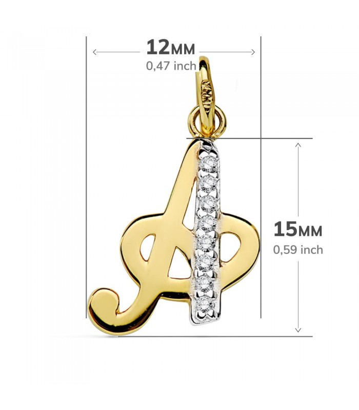 Pendentif femme avec lettre A en Or 18K et zircones, mesure 15 mm