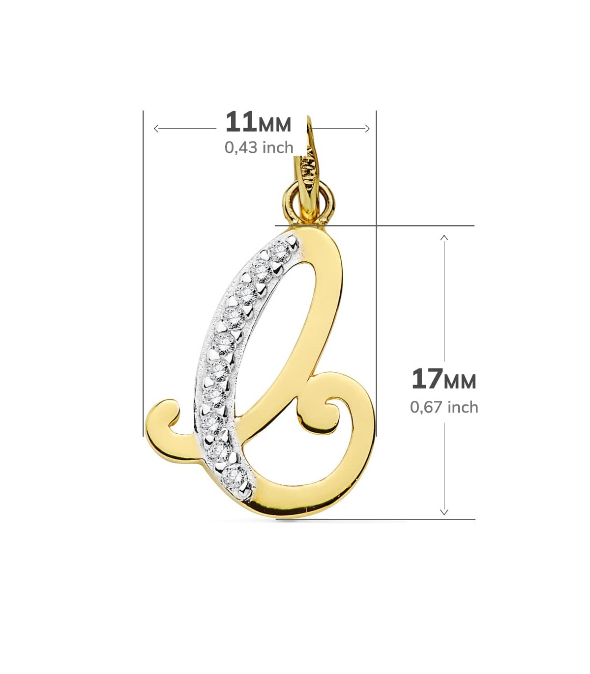Colgante mujer con letra C en Oro 18 K y circonitas, medida 17 mm