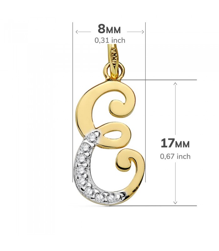 Colgante mujer con letra E en Oro 18 K y circonitas, medida 17 mm