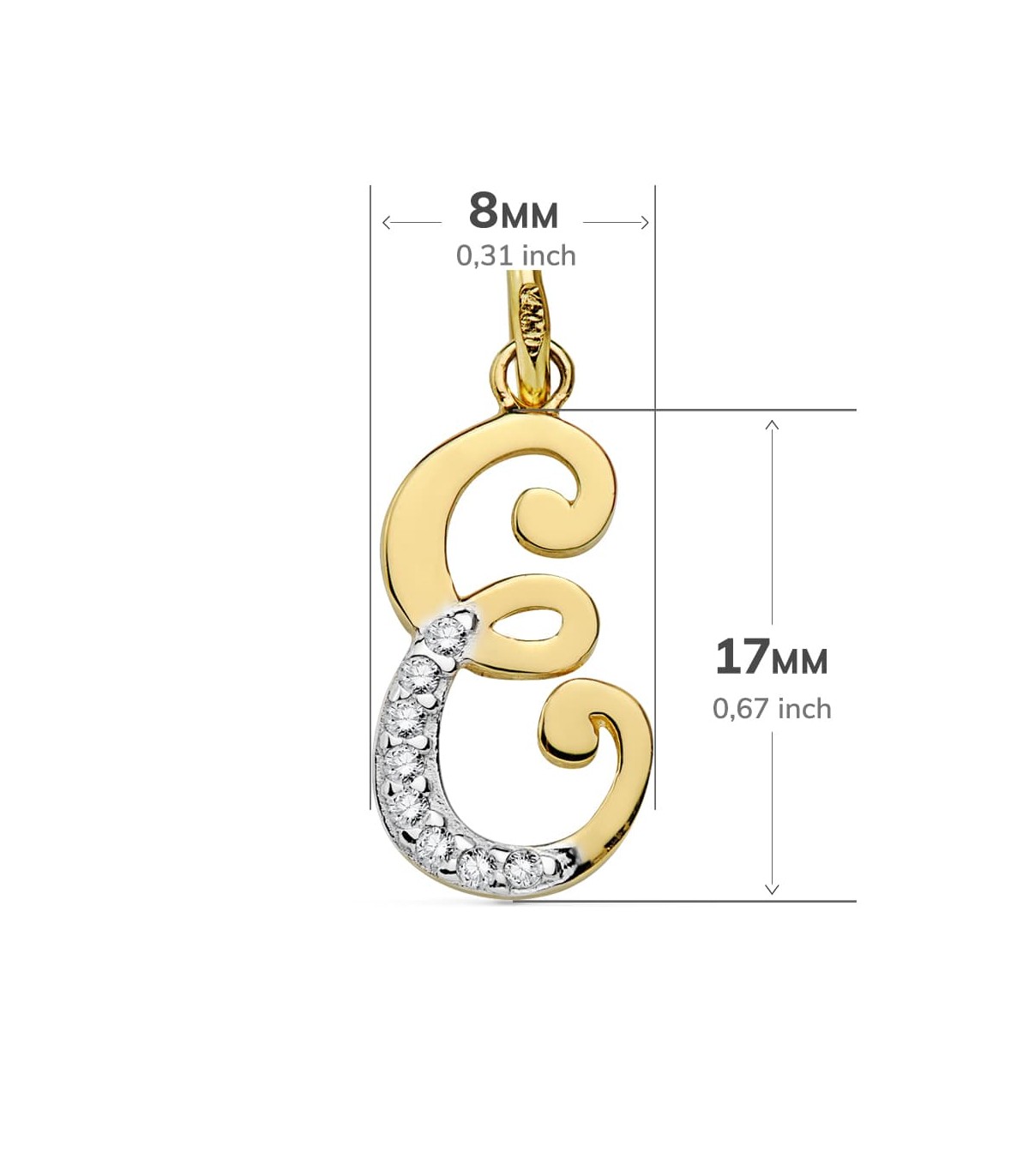 Colgante mujer con letra E en Oro 18 K y circonitas, medida 17 mm