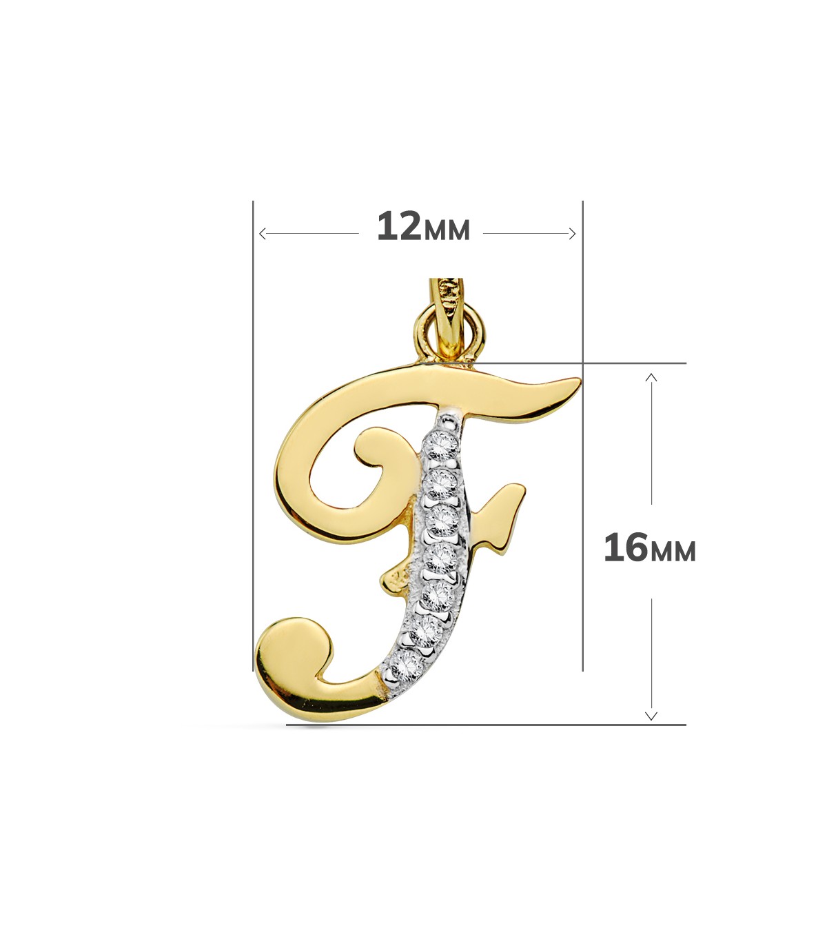 Colgante mujer con letra F en Oro 18 K y circonitas, joyas personalizadas