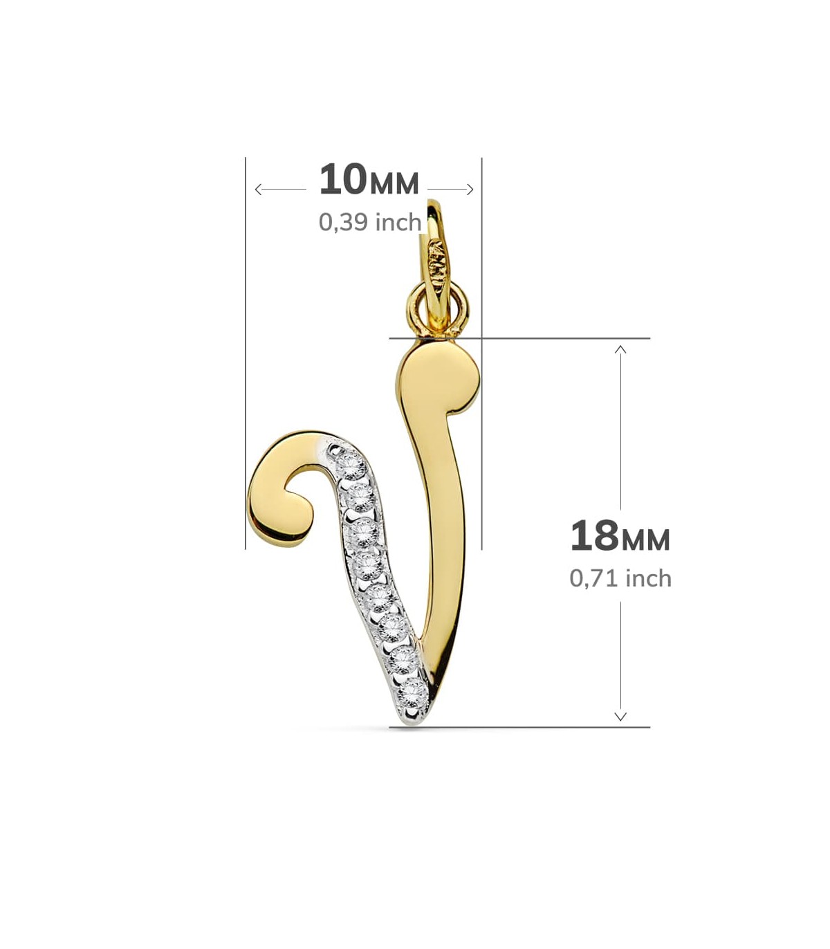 Pendentif femme avec lettre V en Or 18K et zircones 18mm, bijoux personnalisés