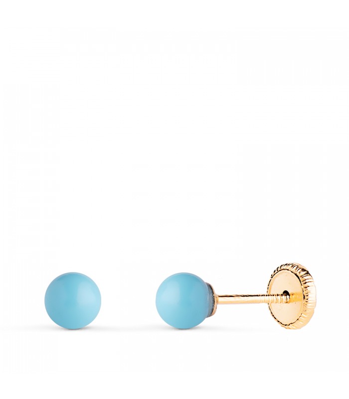 Pendientes oro turquesa Mariela 4 mm 18 Ktes, pendientes niña oro.