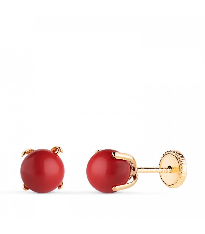 Pendientes coral y oro, bola de 6 mm Marianela 18 kilates, joyas para niña